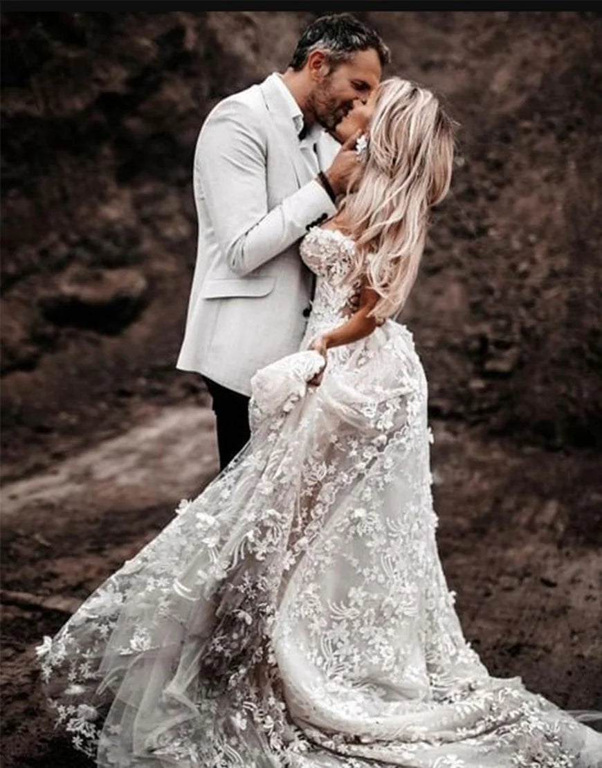 Off the Shoulder Lace Boho Wedding Dress
