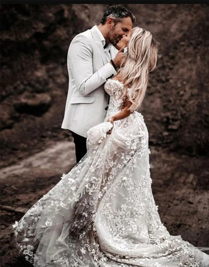 Off the Shoulder Lace Boho Wedding Dress