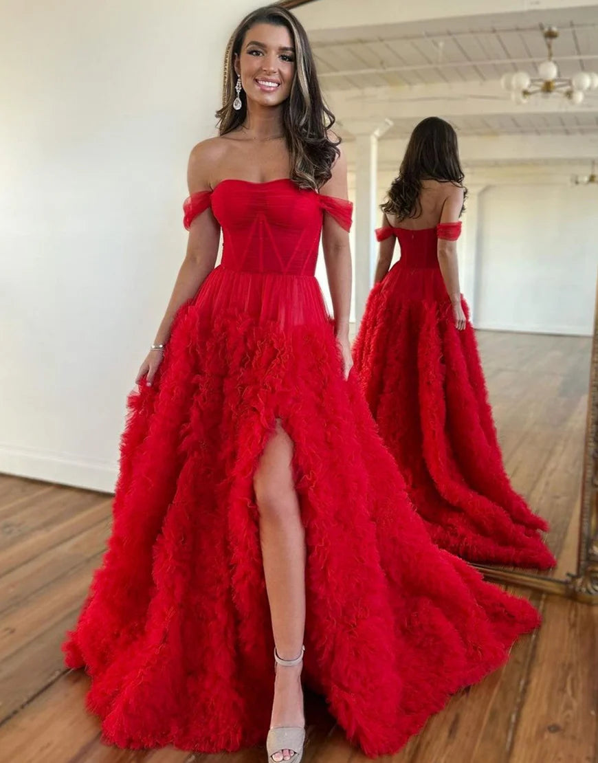 A-Line Off The Shoulder Tiered Long Prom Dress With Slit