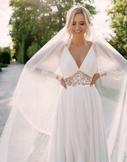 V Neck Long Sleeves A Line Ivory Wedding Dress