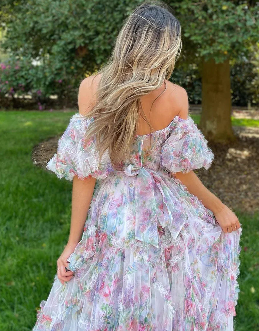 A Line Strapless Off The Shoulder Floral Tulle Long Prom Dress