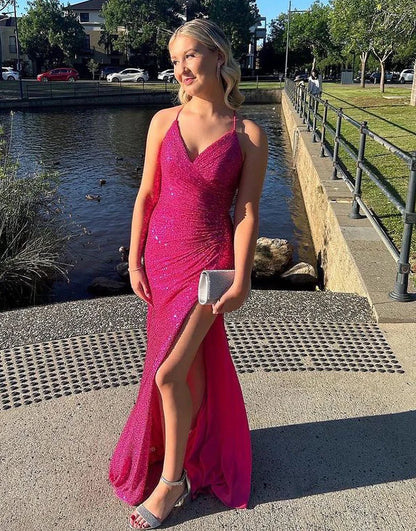 Sparkly Spaghetti Straps Mermaid Sequin Long Prom Dress With Slit