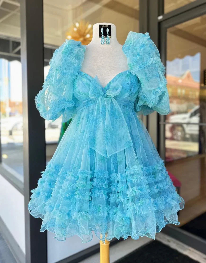 A-Line Sweetheart Puff Sleeves Blue Floral Short Homecoming Dress with Ruffles