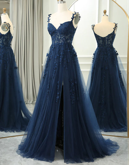 A Line Spaghetti Straps Long Prom Dress With Appliques