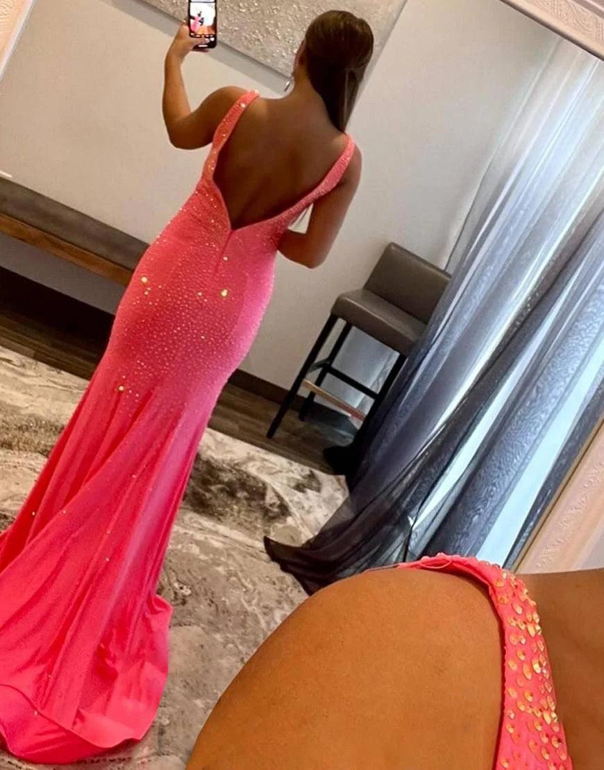 V-Neck Long Beaded Mermaid Backless Floor-Length Prom Dress