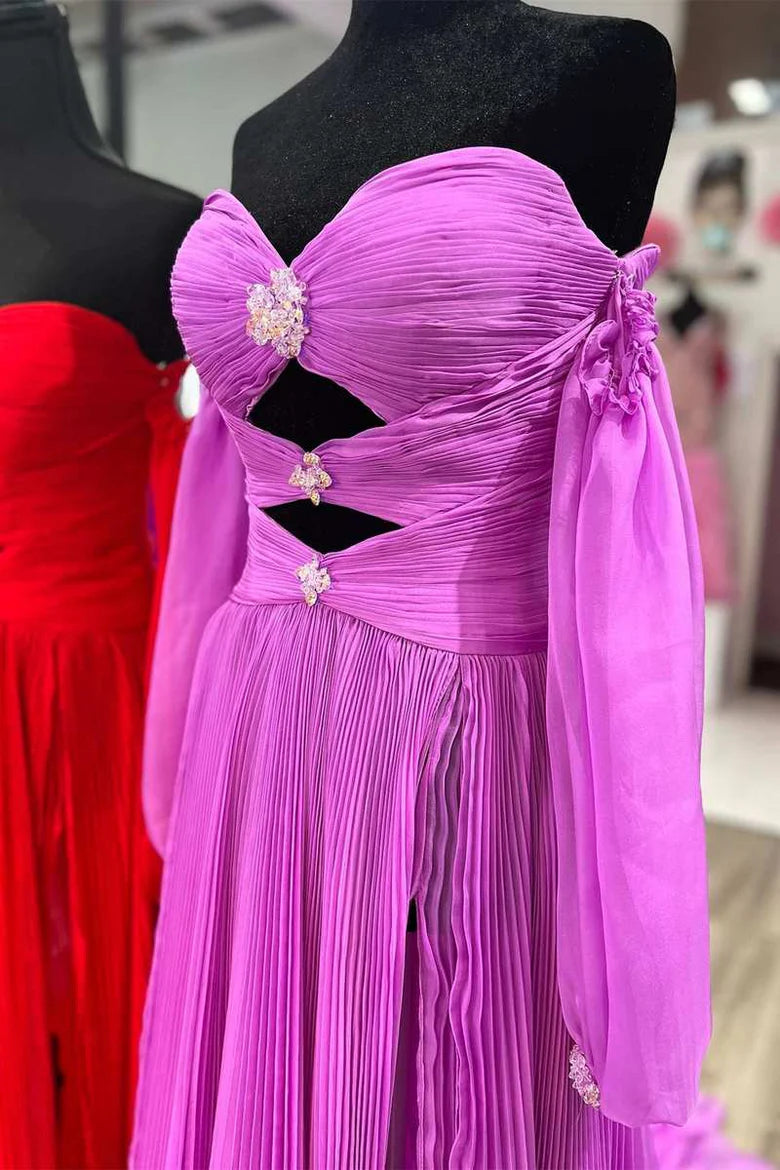 Beaded Strapless Cutout Long Prom Dress with Balloon Sleeves