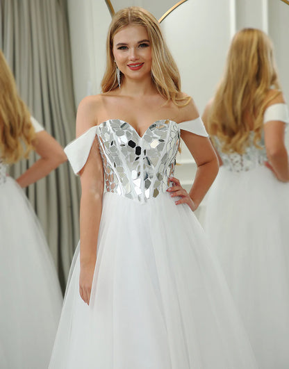 A Line Off the Shoulder Long Mirror Prom Dress