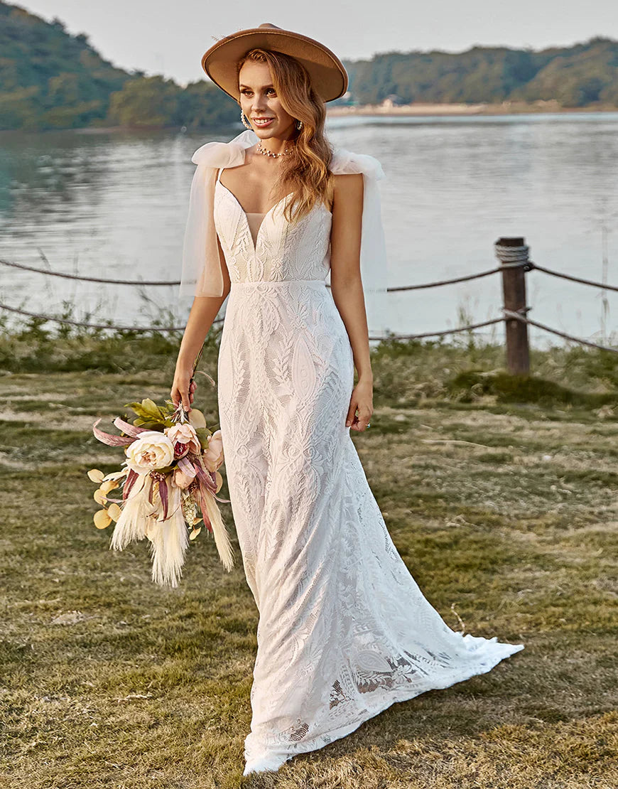 Mermaid Lace Sweep Train Boho Wedding Dress