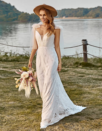 Mermaid Lace Sweep Train Boho Wedding Dress