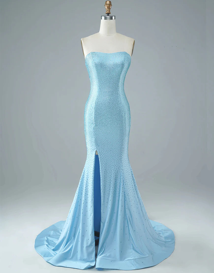 Sexy Tight Strapless Light Blue Long Prom Dress with Split