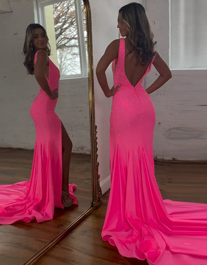 Sparkly Fuchsia Beaded Mermaid Long Prom Dress With Slit