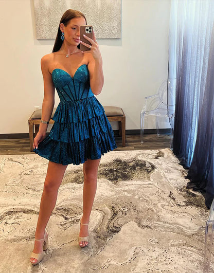 A Line Sparkly Peacock Blue Short Homecoming Dress
