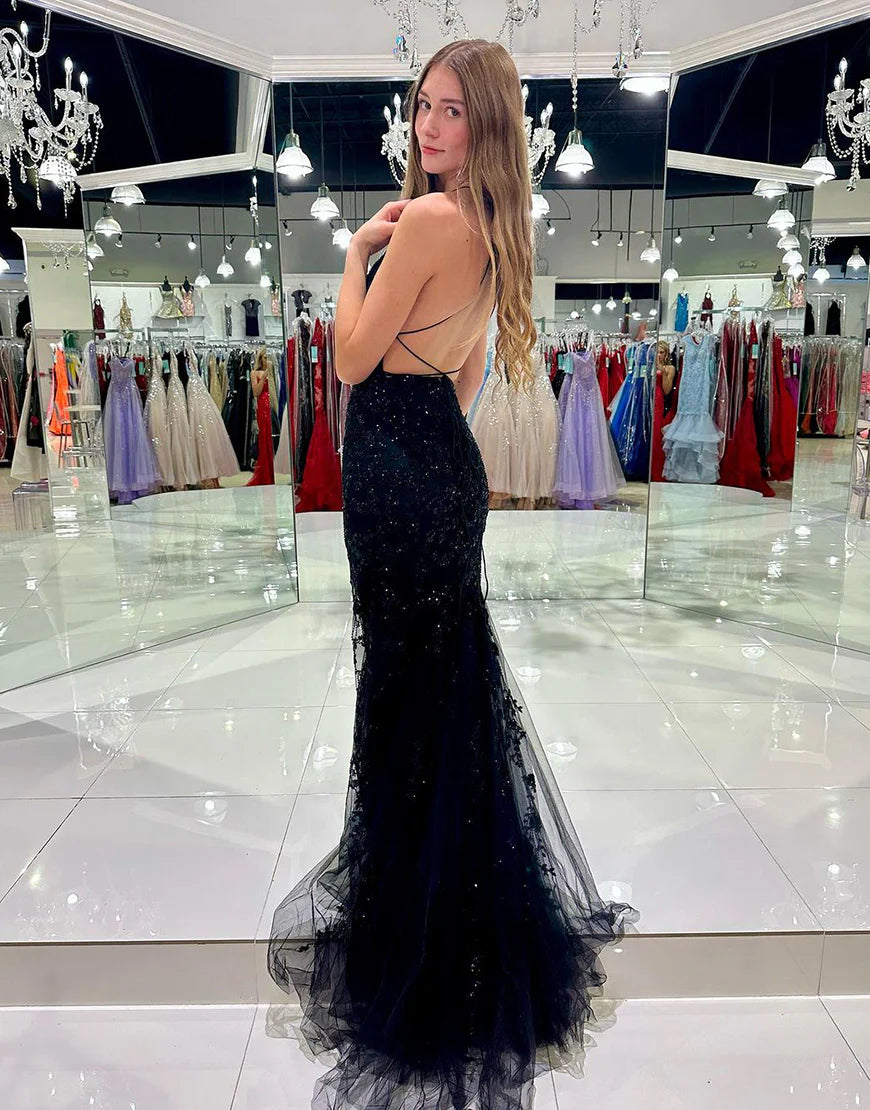 Mermaid Tulle Scoop Neck Long Prom Dress With Appliques