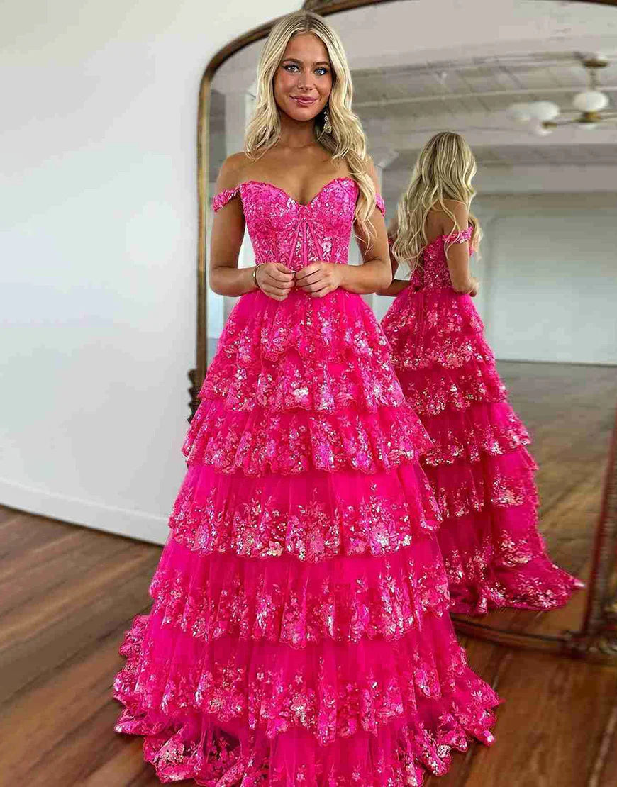 A Line Off the Shoulder Fuchsia Long Prom Dress with Appliques