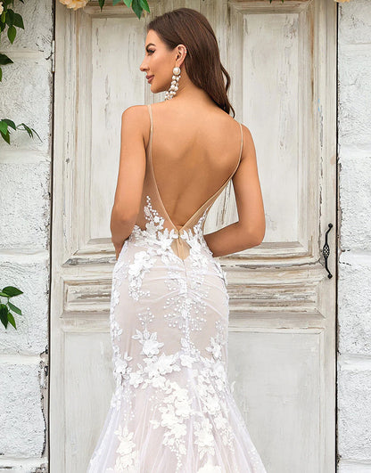 Mermaid Illusion Boat Neck Lace Wedding Dress