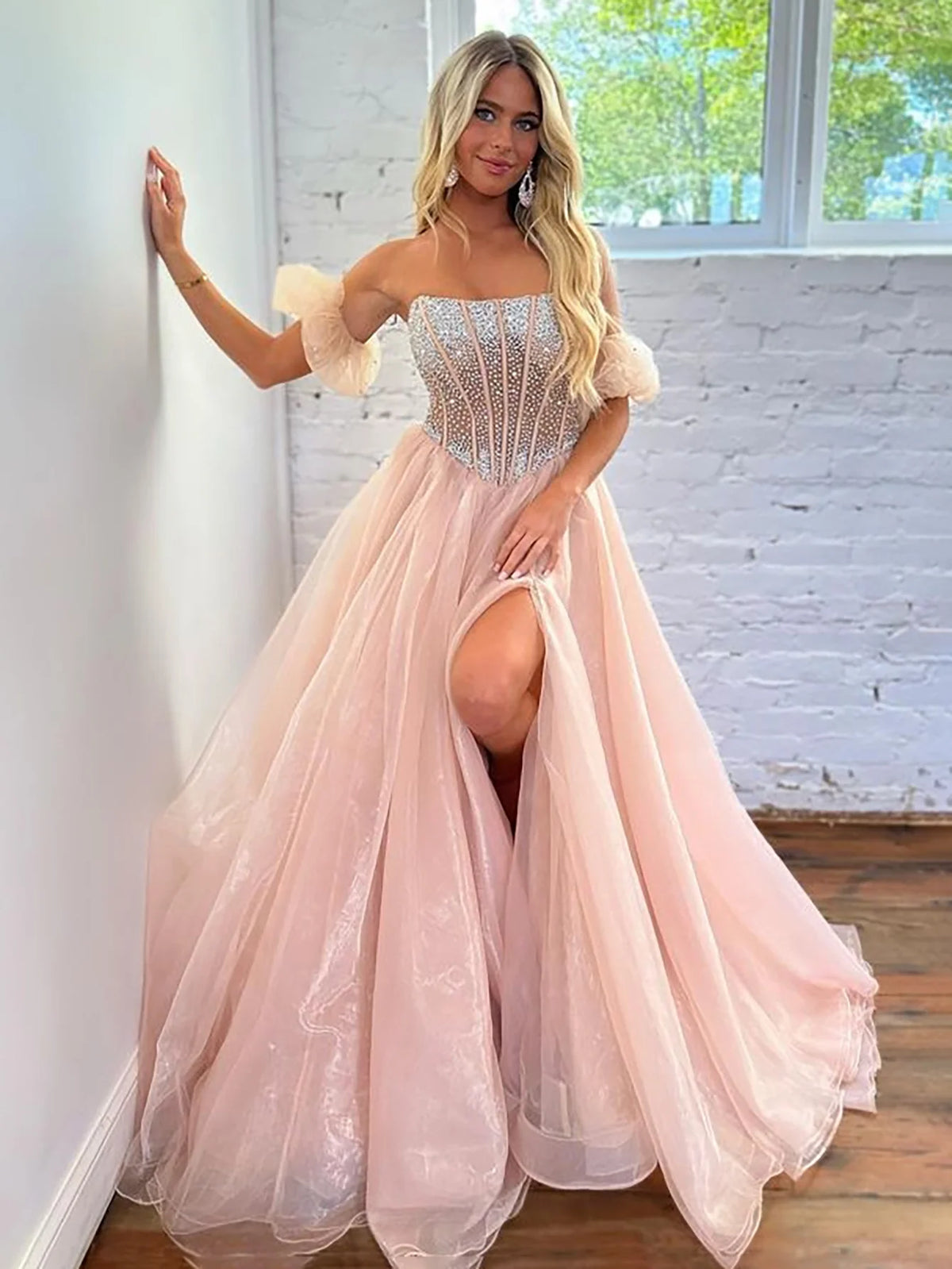 A Line Beading Strapless Long Prom Dress