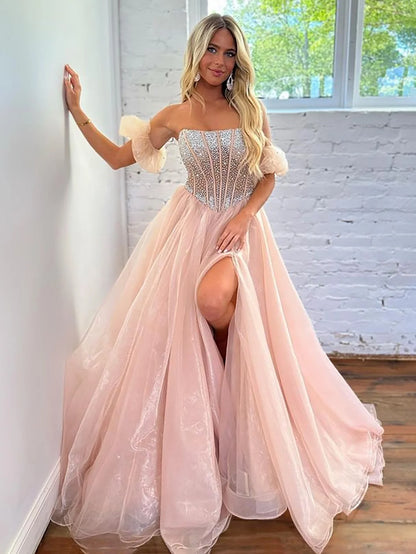 A Line Beading Strapless Long Prom Dress
