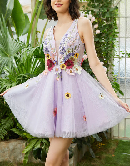 Deep V Neck Purple Open Back Homecoming Dress With Appliques