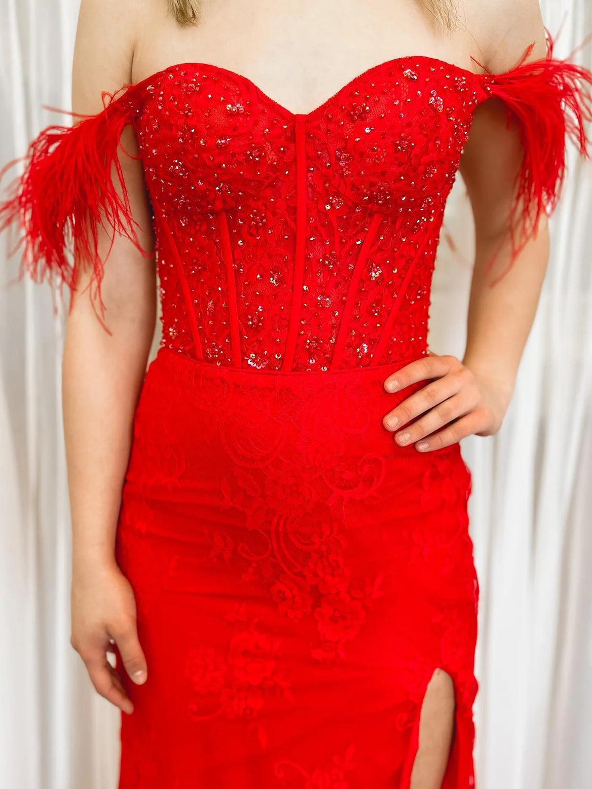 Off the Shoulder Prom Dress With Feathers