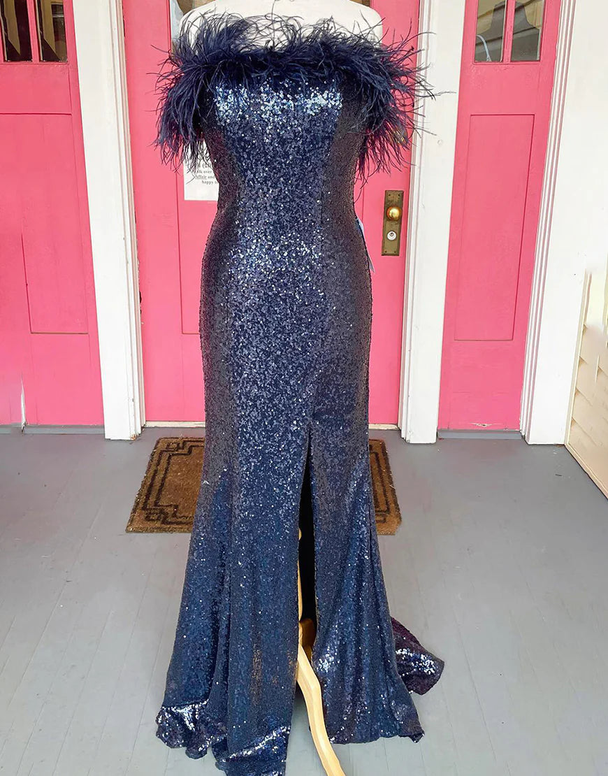 Strapless Feathers Side Slit Sequin Prom Dress