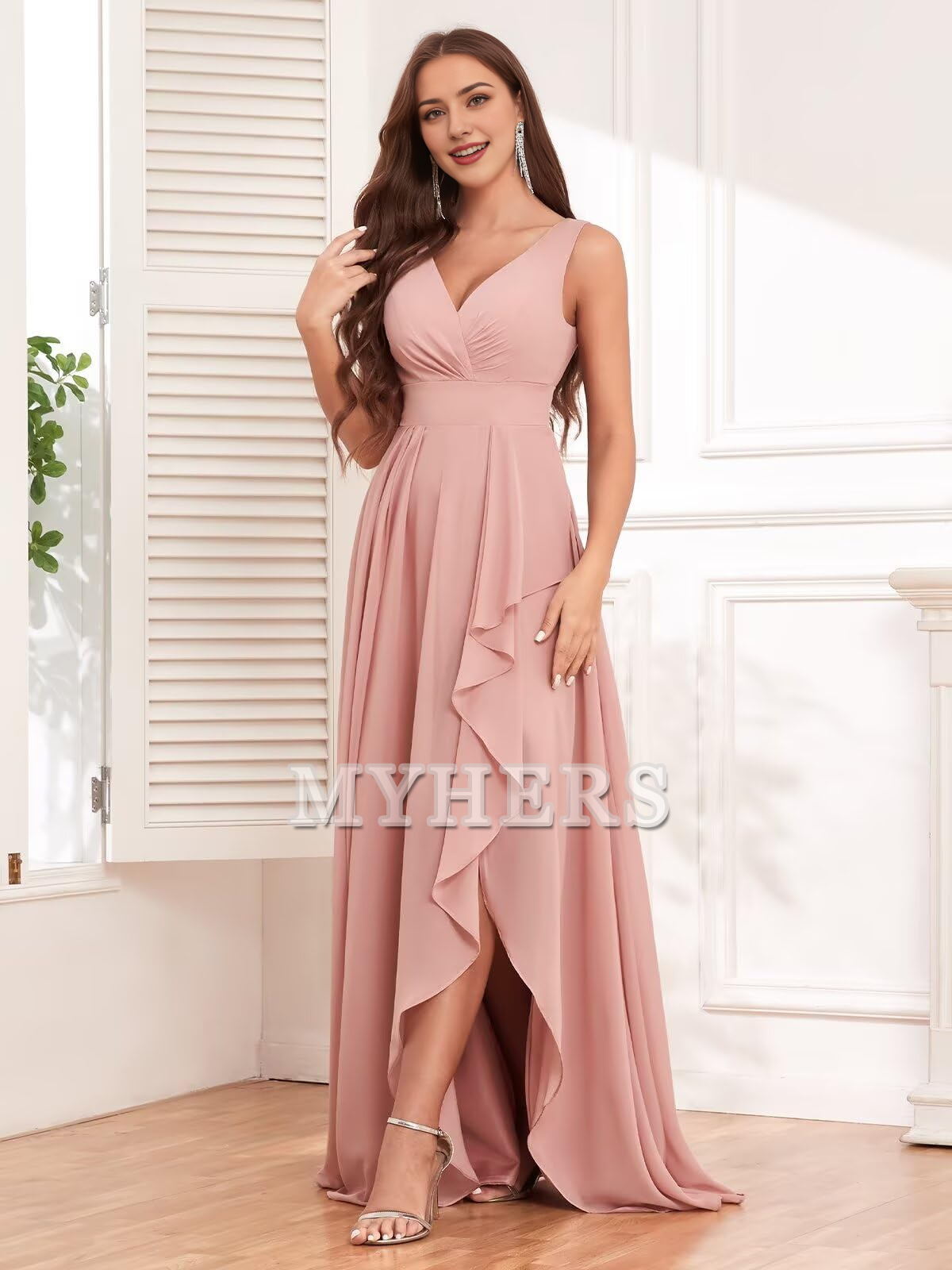 Elegant V Neck Chiffon Ruched Side Fork Long Bridesmaid Dresses Wedding Guests Dresses