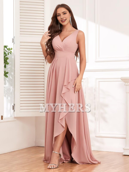 Elegant V Neck Chiffon Ruched Side Fork Long Bridesmaid Dresses Wedding Guests Dresses