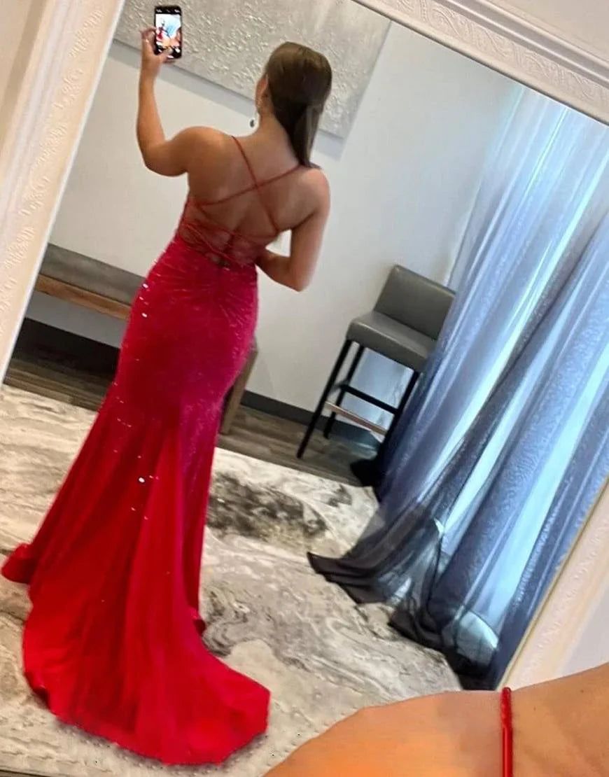 V-neck Beaded Mermaid Long Corset Prom Dress