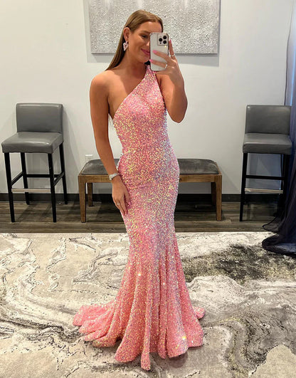 Sequin One Shoulder Backless Mermaid Prom Dress
