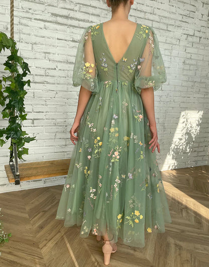 V-neck Floral Prom Dress