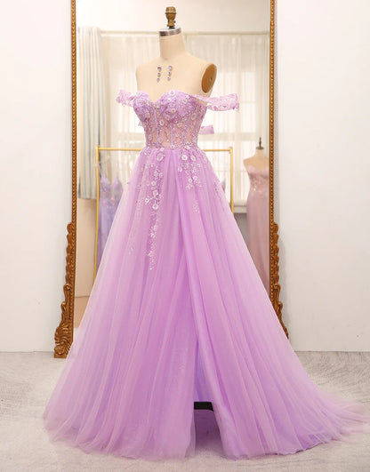 Off The Shoulder Light Purple A-Line Beaded Corset Prom Dress