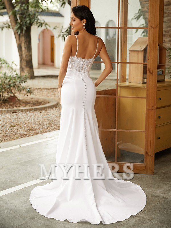 My Hers Exquisite Wedding Dresses Mermaid Sheath/Column Stretch Crepe Lace V-neck Sleeveless Sweep/Brush Train Elegant Sparkle Wedding Guests Dresses