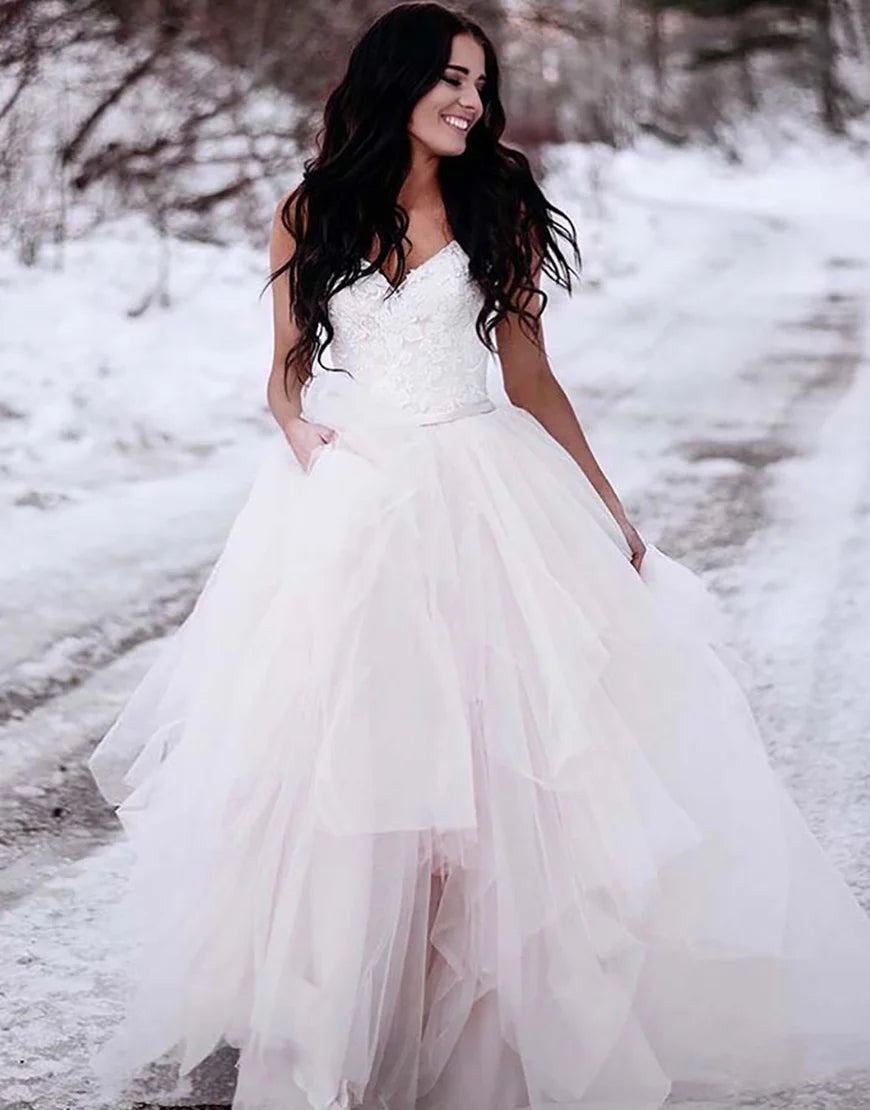 A Line Spaghetti Straps Tulle Long Bridal Dress
