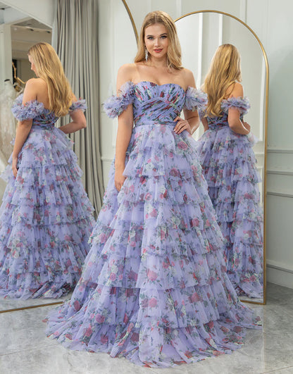 A Line Strapless Tiered Long Prom Dress With Feathers