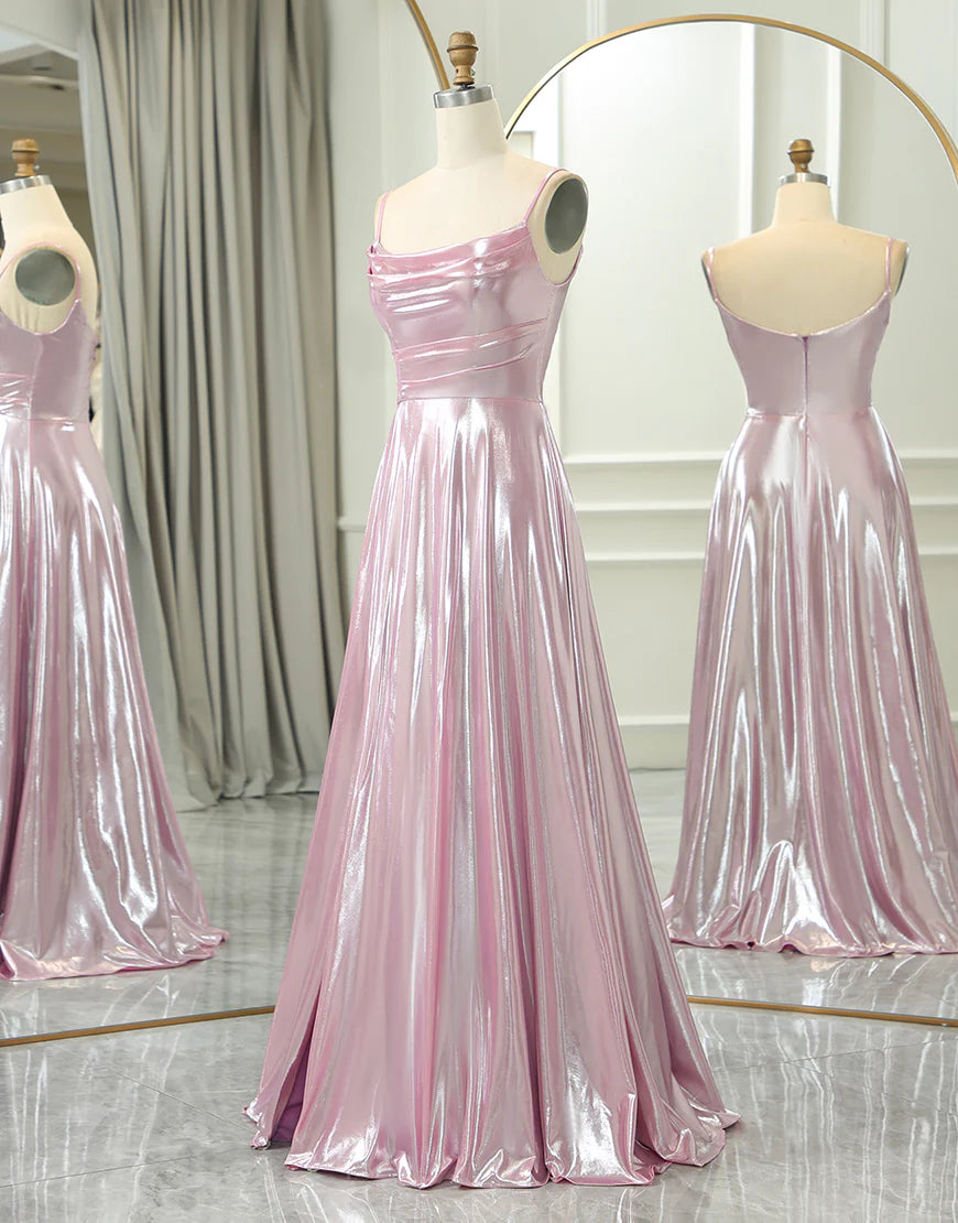 Sparkly Pink A Line Spaghetti Straps Long Prom Dress