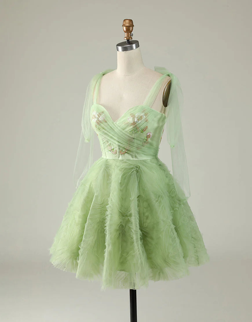 A Line Spaghetti Straps Green Short Homecoming Dress with Beading
