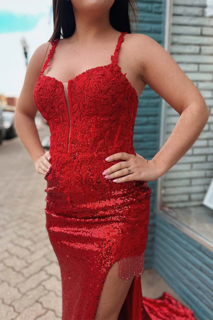 Sequin Appliques Sweetheart Mermaid Long Prom Dress with Slit