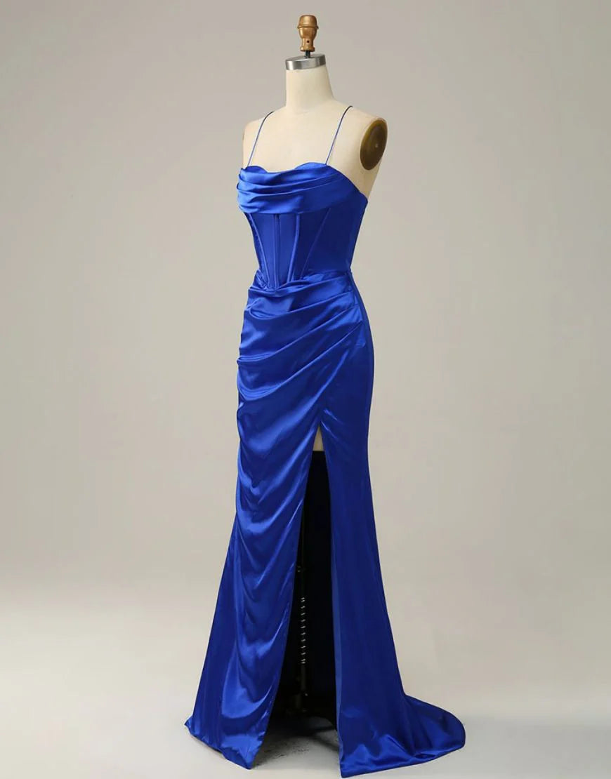 Spaghetti Straps Satin Mermaid Prom Dress with Slit