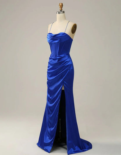 Spaghetti Straps Satin Mermaid Prom Dress with Slit