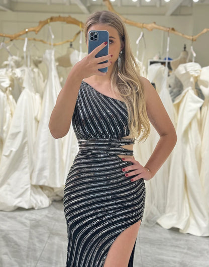 Sequins Waist Cut Out Prom Dress with Slit