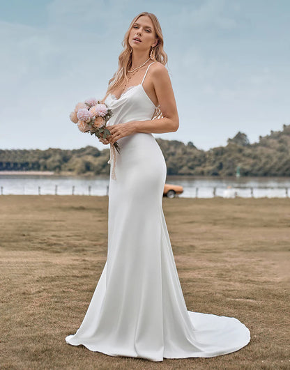 Simple Spaghetti Straps White Bridal Dress with Criss Cross Back