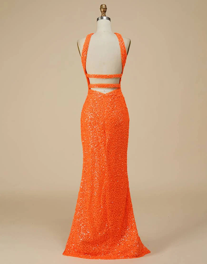 Halter Sequin Backless Prom Dress with Split