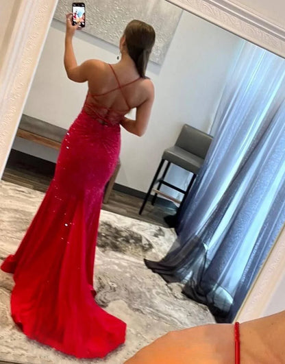 V-neck Beaded Mermaid Long Prom Dress