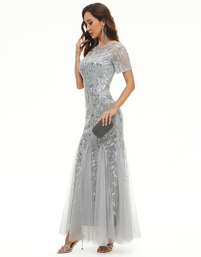 Leaves Sequins Mother Dress with Short Sleeves