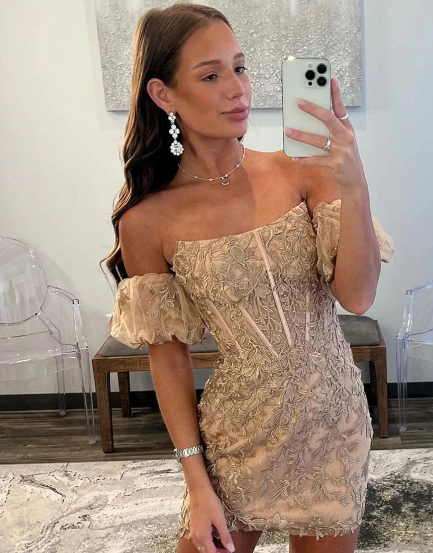 Off the Shoulder Champagne Tight Corset Homecoming Dress with Appliques