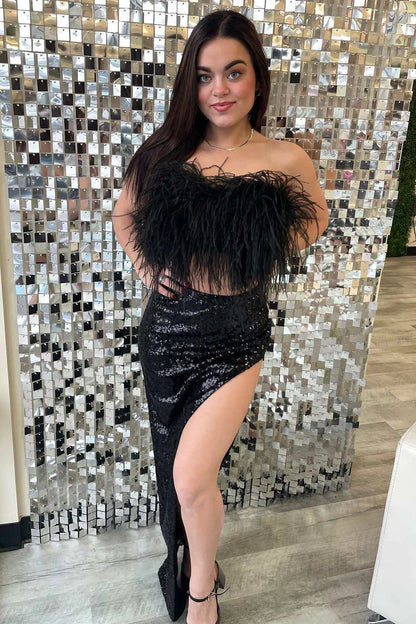 Two-Piece Black Feather High-Low Prom Dress
