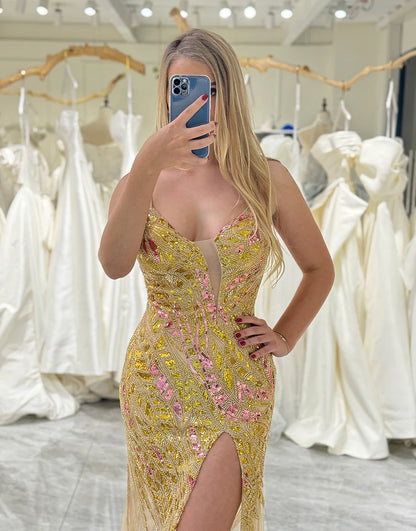 Sparkly Gold Beaded Backless Long Prom Dress with Slit