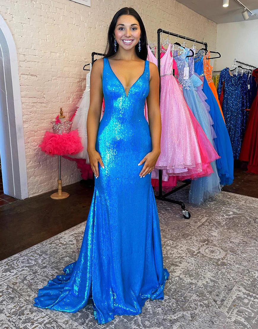 Mermaid Sequined Backless Long Prom Dress