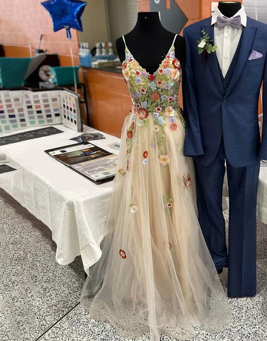 V Neck Tulle Flower A Line Long Prom Dress