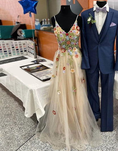 V Neck Tulle Flower A Line Long Prom Dress