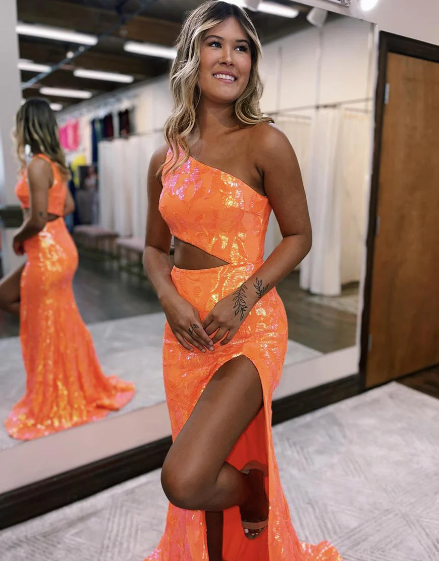 One Shoulder Side Slit Orange Prom Dress